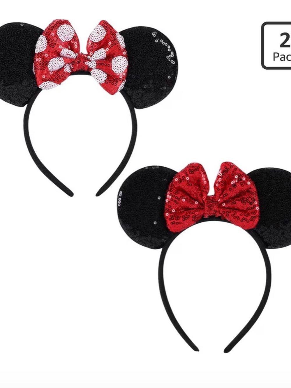 Black Minnie-Style Sequin Ear Headband with Red Bow - 2 Pack
